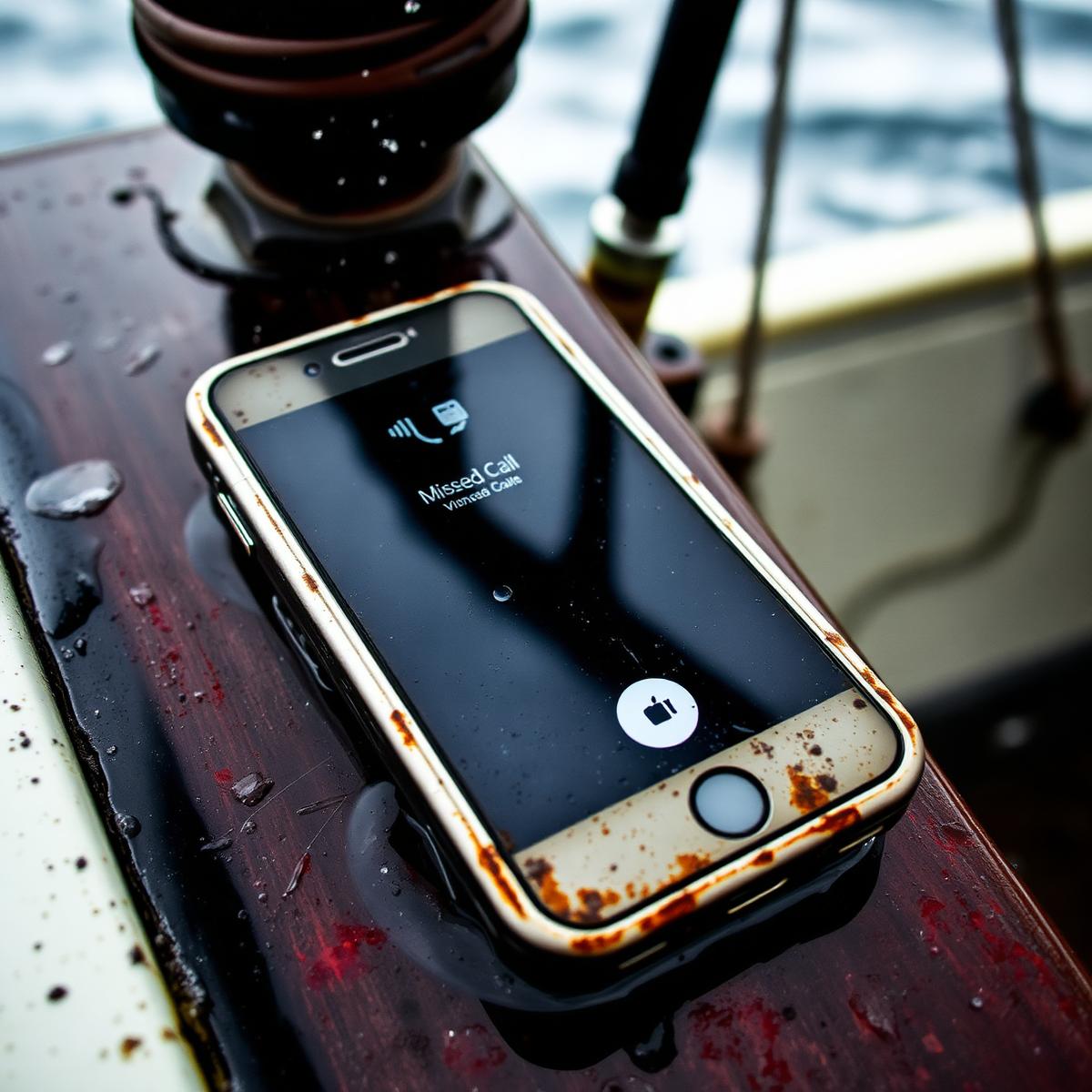 Phone showing a missed call on a wet boat deck